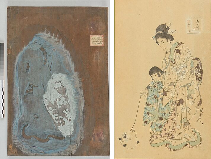 Foto: Herstellungsreihe eines japanischen Farbholzschnitts von Yoshu/Toyohara Chikanobu: Frau und Kind spielen mit einem Kätzchen, 1896: Farbdruckplatte 6/7 (Vorderseite) mit Abdruck 7/24. Deutsches Museum, Inventar-Nrn. 36095/36096.