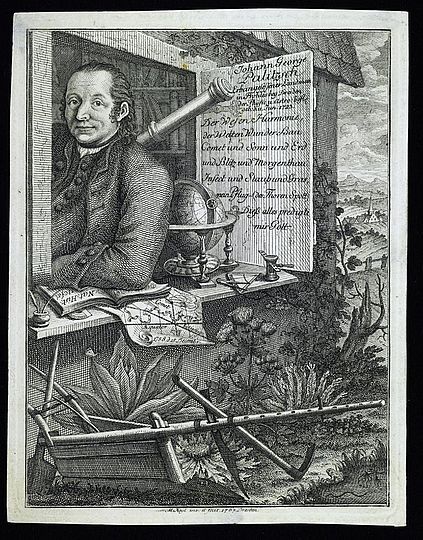 Kupferstich auf Büttenpapier. Zu sehen ist Johann Georg Palitzsch, Astronom und Landwirt.