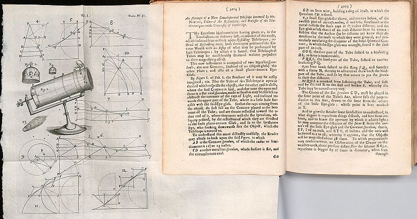 Beschreibung des von Isaac Newton entwickelten Spiegelteleskops mit Skizzen.