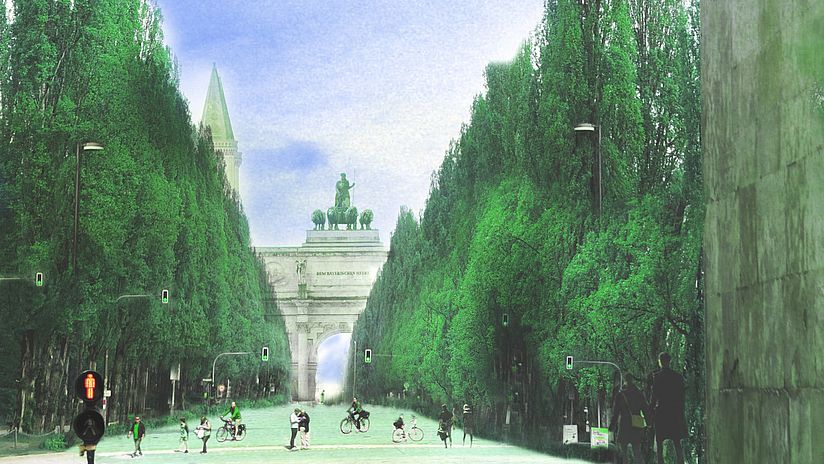 Zeichnung, wie es in München aussehen könnte. Mit vielen Bäumen und Fahrrädern, anstelle Autos.