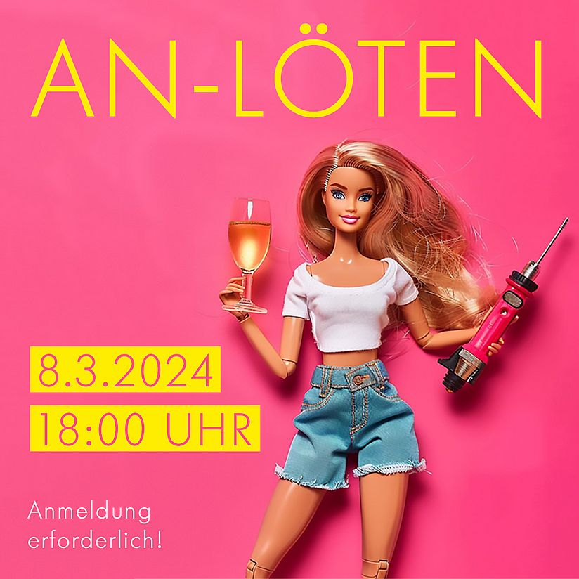Barbie mit Aperol Spritz und Lötkolben.