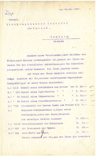 Briefwechsel zwischen dem Deutschen Museum und J.F.G. Umlauff 1907 (Deutsches Museum Archiv, VA 1980).
Briefwechsel zwischen dem Deutschen Museum und J.F.G. Umlauff 1907 (Deutsches Museum Archiv, VA 1980).