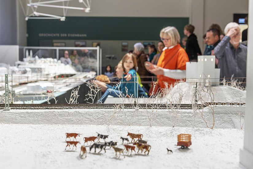 Im Vordergrund ist in der Nahansicht eine Herde Kühe im Miniaturmodell zu sehen. Dahinter öffnet sich der Blick über den Rest der Modellbahn und das Publikum.