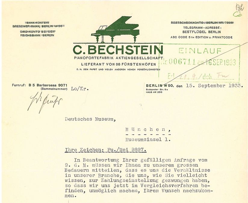 Brief: C. Bechstein an Deutsches Museum 15.9.1933 (Deutsches Museum, Archiv, VA 1770/1).