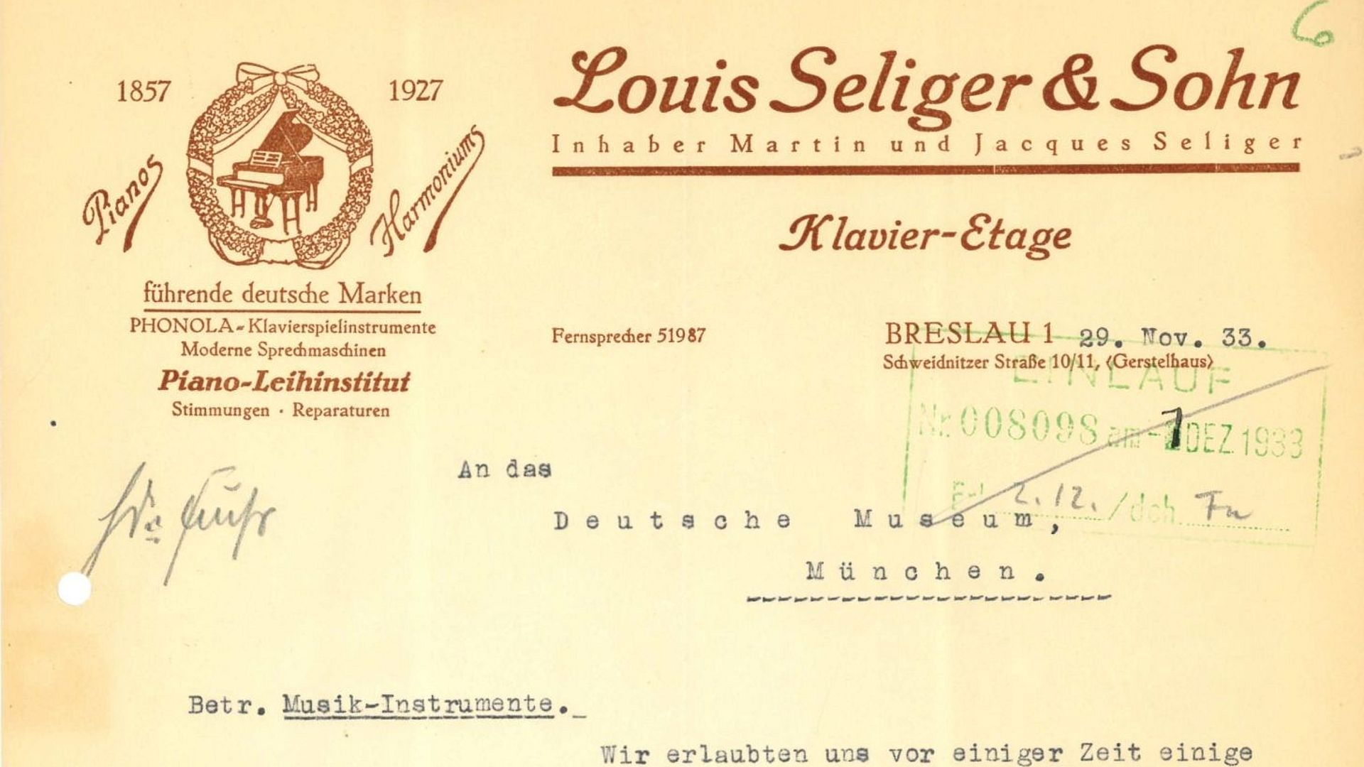Brief: Louis Seliger & Sohn an Deutsches Museum 29.11.1933 (Deutsches Museum, Archiv, VA 1770/3).