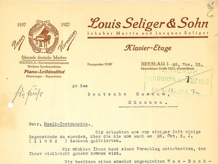 Brief: Louis Seliger & Sohn an Deutsches Museum 29.11.1933 (Deutsches Museum, Archiv, VA 1770/3).