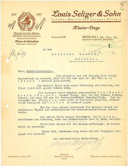 Brief: Louis Seliger & Sohn an Deutsches Museum 29.11.1933 (Deutsches Museum, Archiv, VA 1770/3).