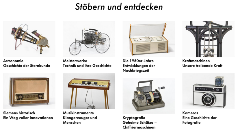 Screenshot des Portals "Deutsches Museum Digital". Rubrik „Stöbern und entdecken“.