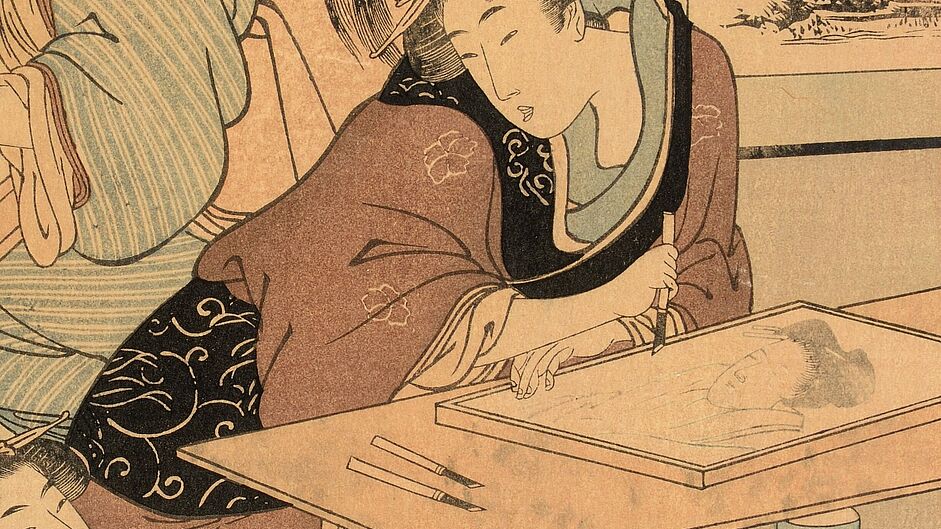 Farbholzschnitt von Kitagawa Utamaro: Handwerkerinnen in einer Werkstatt für Holzschnitt-Druckplatten, 1803. Deutsches Museum, Inventar-Nr. 40459.