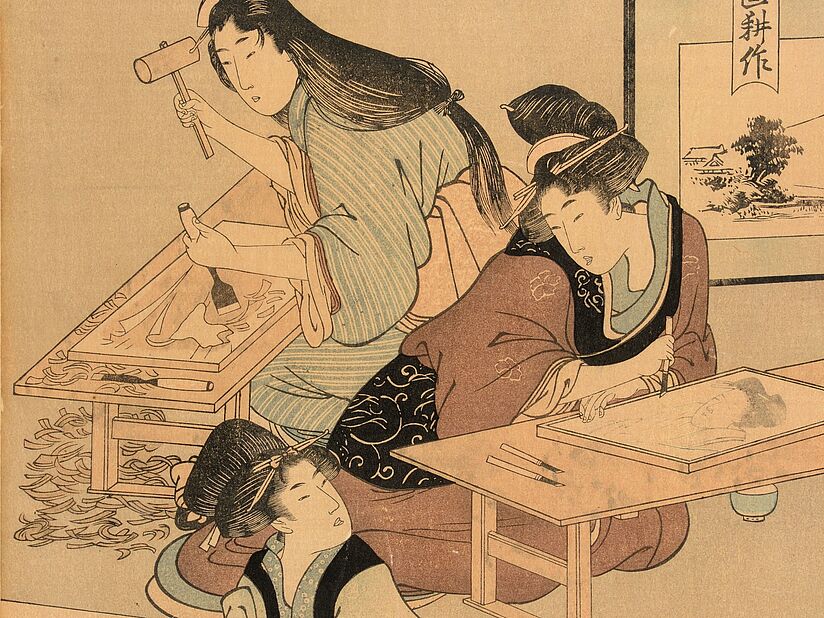 Farbholzschnitt von Kitagawa Utamaro: Handwerkerinnen in einer Werkstatt für Holzschnitt-Druckplatten, 1803. Deutsches Museum, Inventar-Nr. 40459.