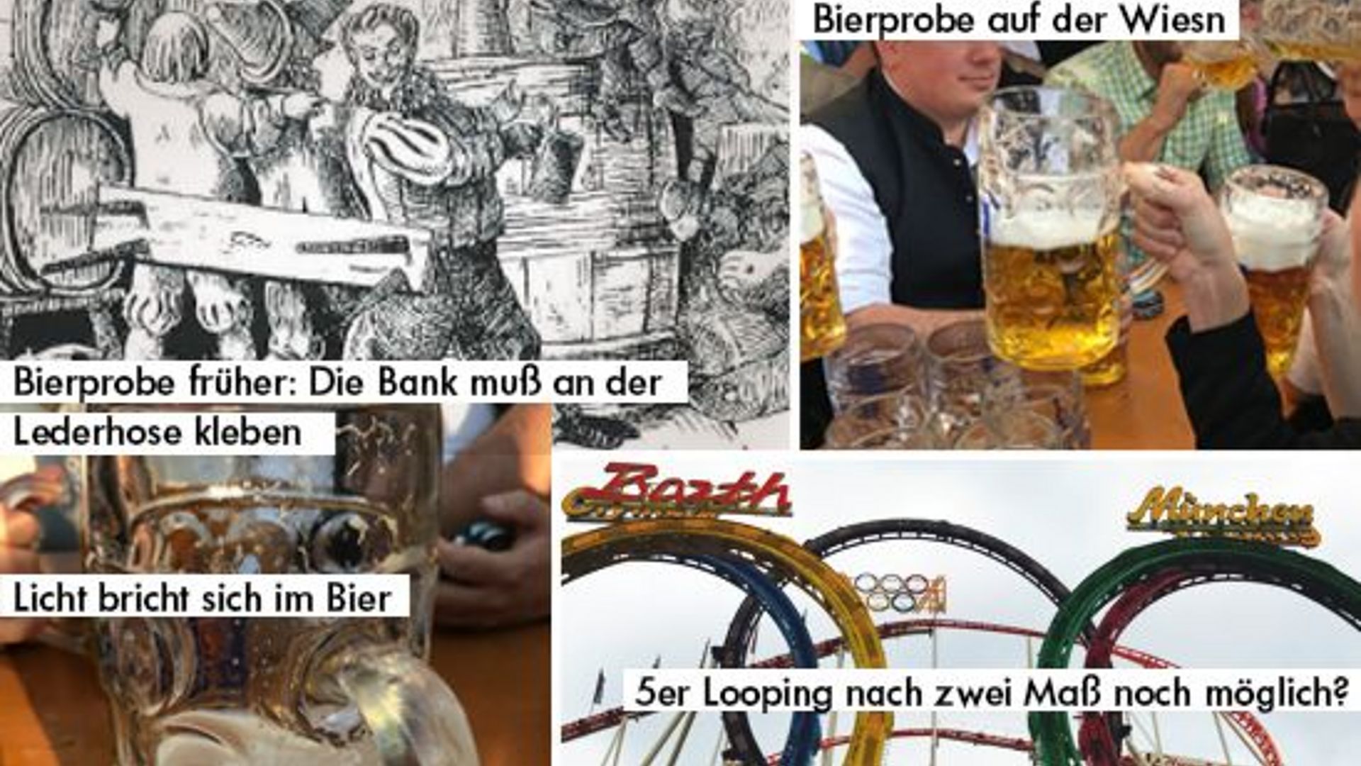 Kollage aus vier Bildern, die verschiedene Arten einer Bierprobe zeigen.