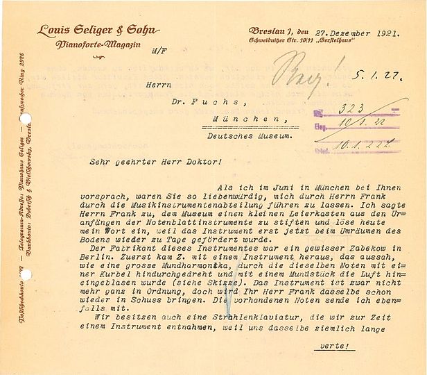 Brief: Louis Seliger & Sohn an Deutsches Museum 27.12.1921 (Deutsches Museum, Archiv, VA 1765/3).
