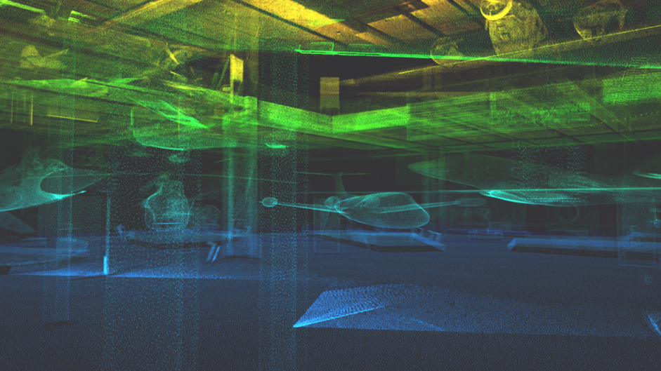 Virtuelle Abbildung der Luft- und Raumfahrthalle in (v.u.n.o) blau, grün und gelb Tönen.