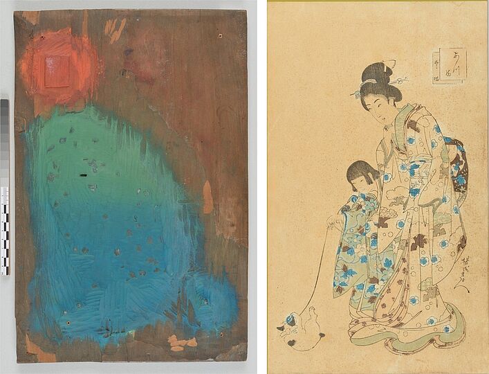 Foto: Herstellungsreihe eines japanischen Farbholzschnitts von Yoshu/Toyohara Chikanobu: Frau und Kind spielen mit einem Kätzchen, 1896: Farbdruckplatte 1/7 (Rückseite) mit Abdruck 12/24. Deutsches Museum, Inventar-Nrn. 36095/36096.