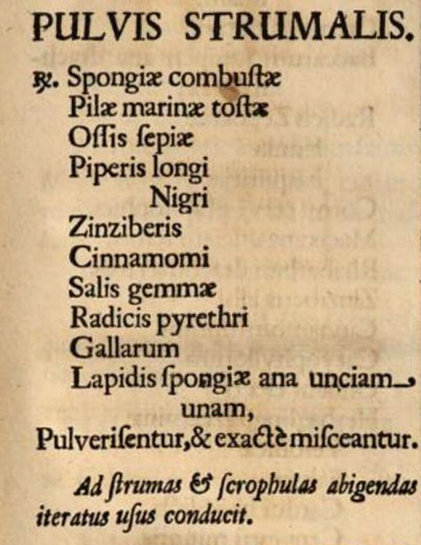 Rezept "Pulvis Strumalis" aus dem Buch Dispensatorium Pharmaceuticum Austriaco.