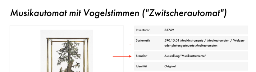 Screenshot shows a section of the page "Musikautomat mit Vogelstimmen";. The word ‘Location’ is marked with a red arrow in the third line.