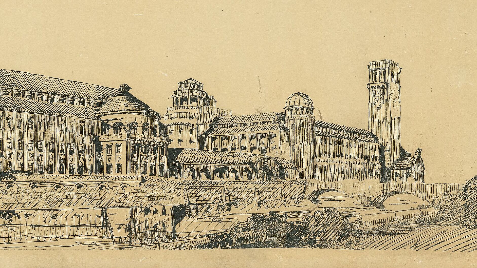 Federzeichnung auf vergilbtem, an den Rändern rissigem Papier. Entwurf des Deutschen Museums mit Bibliotheks- und Ausstellungsbau, Perspektive vermutlich von Ecke Ludiwgsbrücke-Steinsdorfstraße, von Norden.
