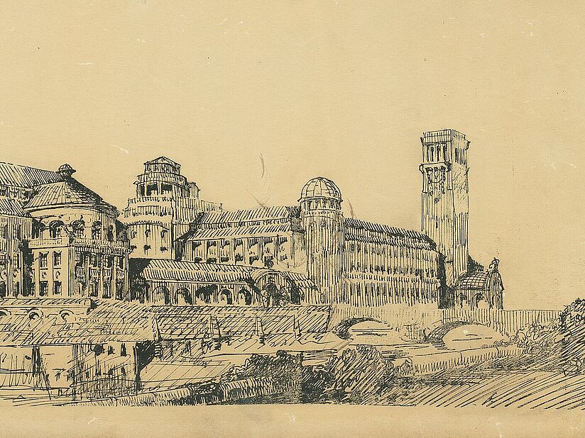 Federzeichnung auf vergilbtem, an den Rändern rissigem Papier. Entwurf des Deutschen Museums mit Bibliotheks- und Ausstellungsbau, Perspektive vermutlich von Ecke Ludiwgsbrücke-Steinsdorfstraße, von Norden.