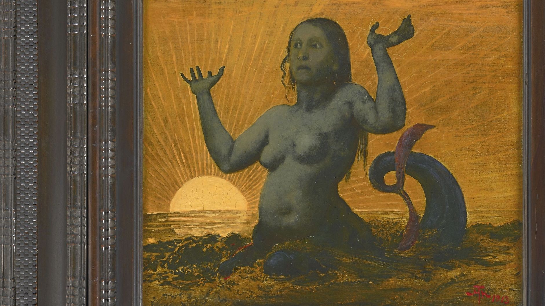 Gemälde: Hans Thoma, "Meerjungfrau", 1913, Öl auf Metallplatte, 41 x 45 cm. Deutsches Museum, Inv.-Nr. 1995-201.