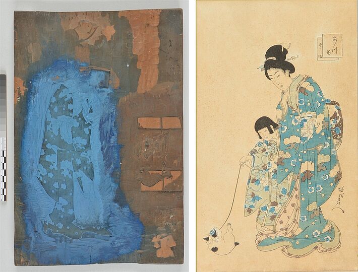 Foto: Herstellungsreihe eines japanischen Farbholzschnitts von Yoshu/Toyohara Chikanobu: Frau und Kind spielen mit einem Kätzchen, 1896: Farbdruckplatte 3/7 (Vorderseite) mit Abdruck 14/24. Deutsches Museum, Inventar-Nrn. 36095/36096.