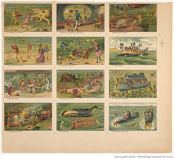 Neun colorierte Zeichnungen (vor allem Schifffahrt) zum Jahr 2000 aus der Sicht des Jahres 1900.