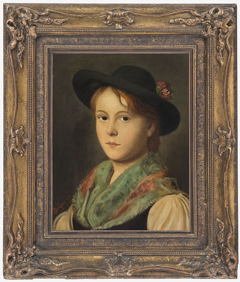 Foto des Gemäldes "Mädchen in Tracht" von Franz von Defregger, Öl auf Holztafel, um 1885. Deutsches Museum, Inventar-Nr. 1995-212.