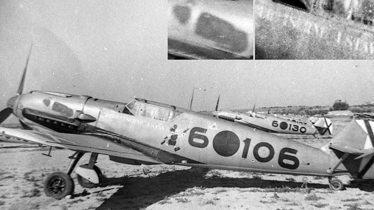 Die Bf 109 mit „Legion Condor“-Anstrich von 1938 mit Schriftzug „Der eiserne Gustav“ sowie eine Micky Maus mit Revolver.