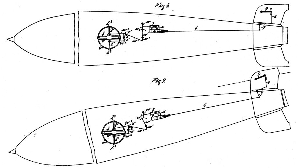 Skizze eines Torpedos mit Geradlaufapparat.