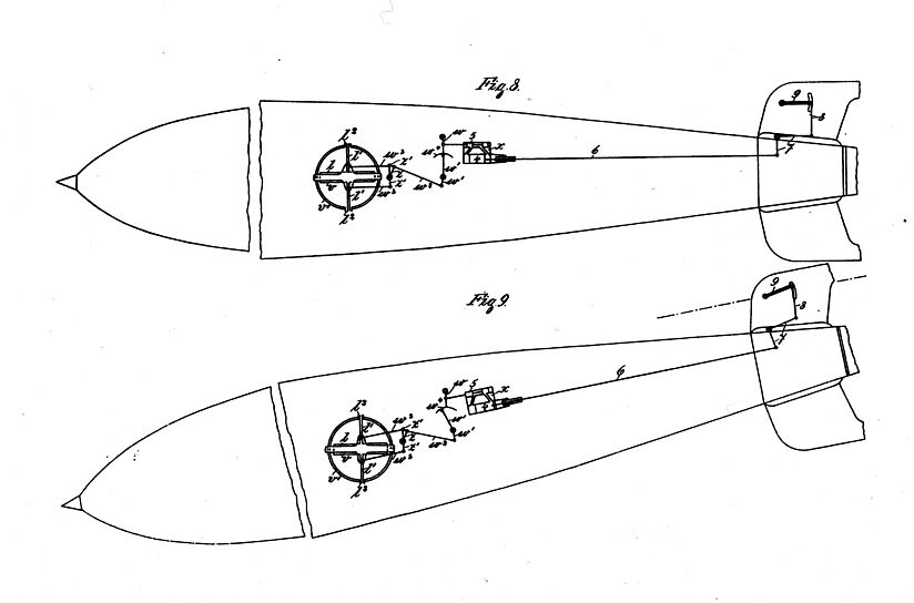 Skizze eines Torpedos mit Geradlaufapparat.