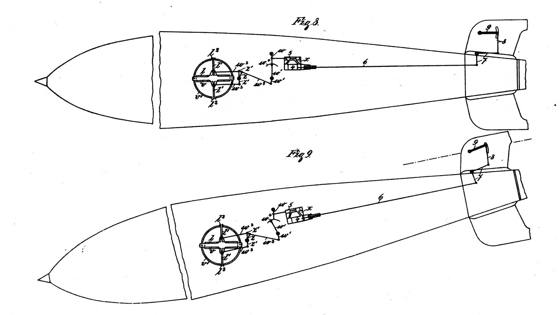 Skizze eines Torpedos mit Geradlaufapparat.
