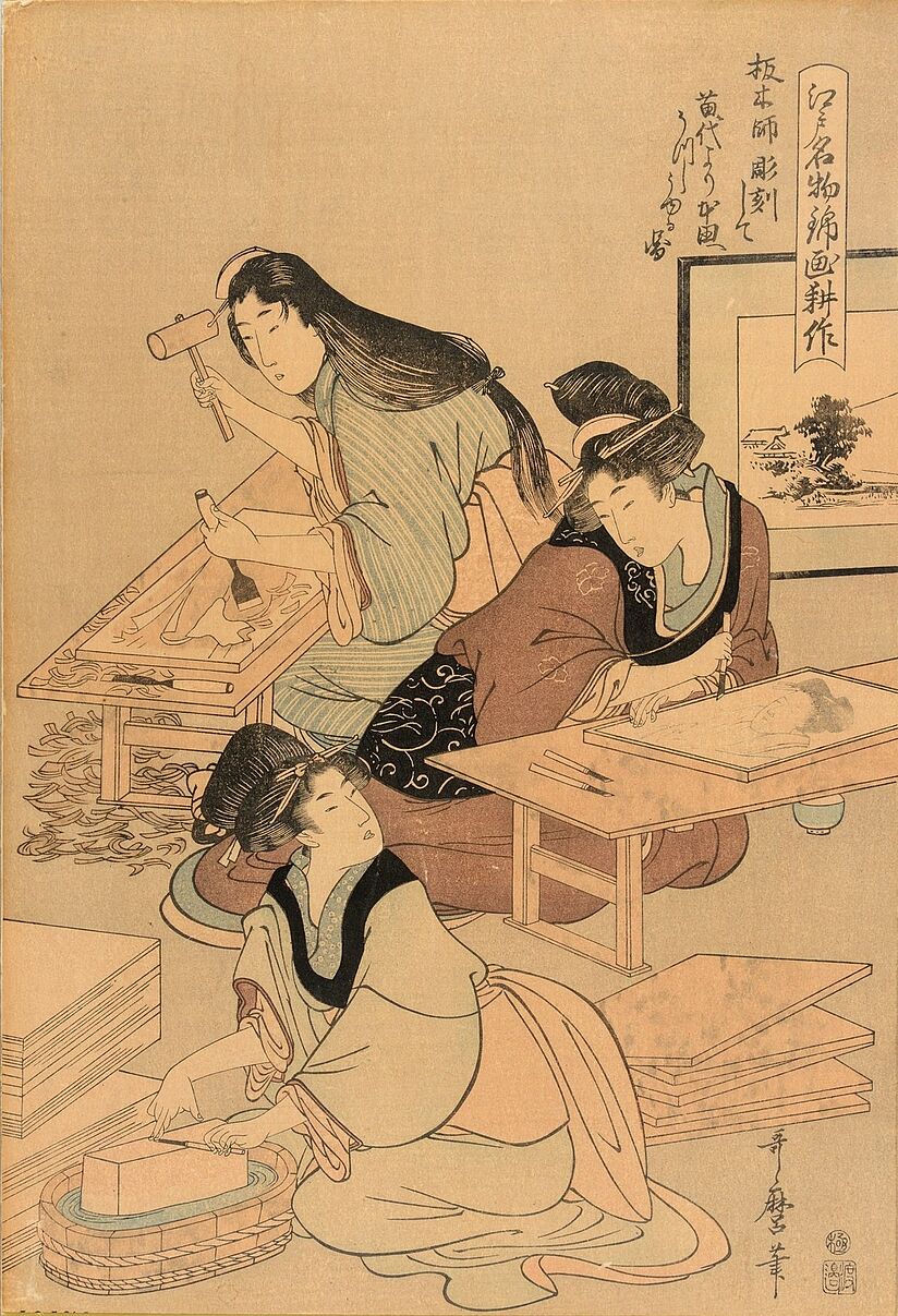 Farbholzschnitt von Kitagawa Utamaro: Handwerkerinnen in einer Werkstatt für Holzschnitt-Druckplatten, 1803. Deutsches Museum, Inventar-Nr. 40459.