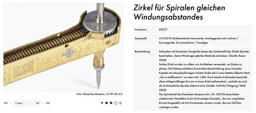 Screenshot des Portals "Deutsches Museum Digital". Hier ein Beispiel aus einem Datensatz mit Objektvergrößerung auf der rechten und Objektbeschreibung auf der linken Seite.