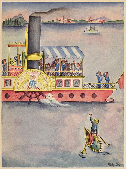 Innentitelbild von Erika Mann, „Stoffel fliegt übers Meer“. Zu sehen ist der junge Stoffel in einem Ruderboot und der Raddampfer „Luitpold“ mit Besatzung.
