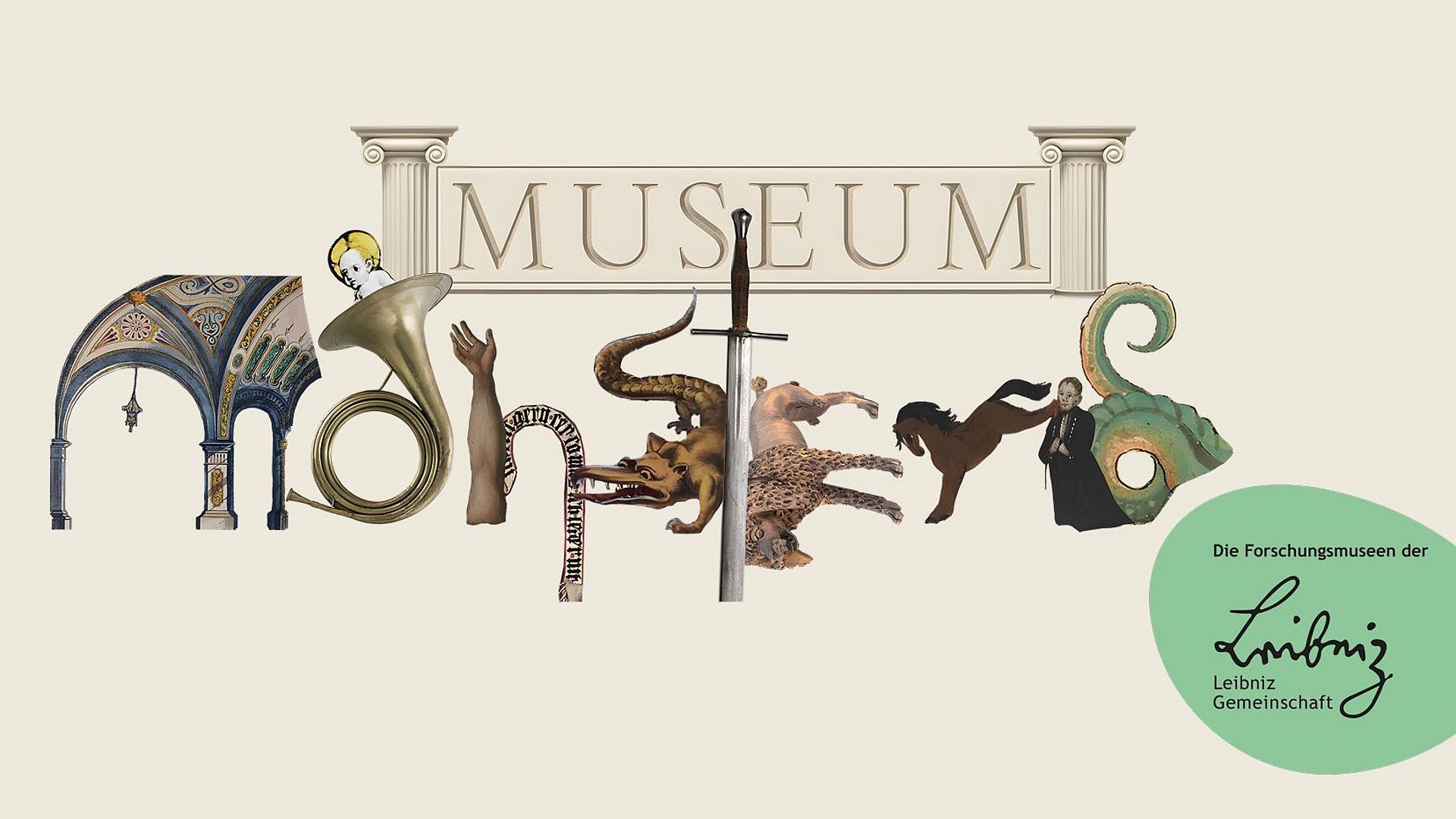 Schriftzug "Museum Monsters". Das Wort "Monsters" ist aus Kreaturen und Objekten zusammengesetzt.
