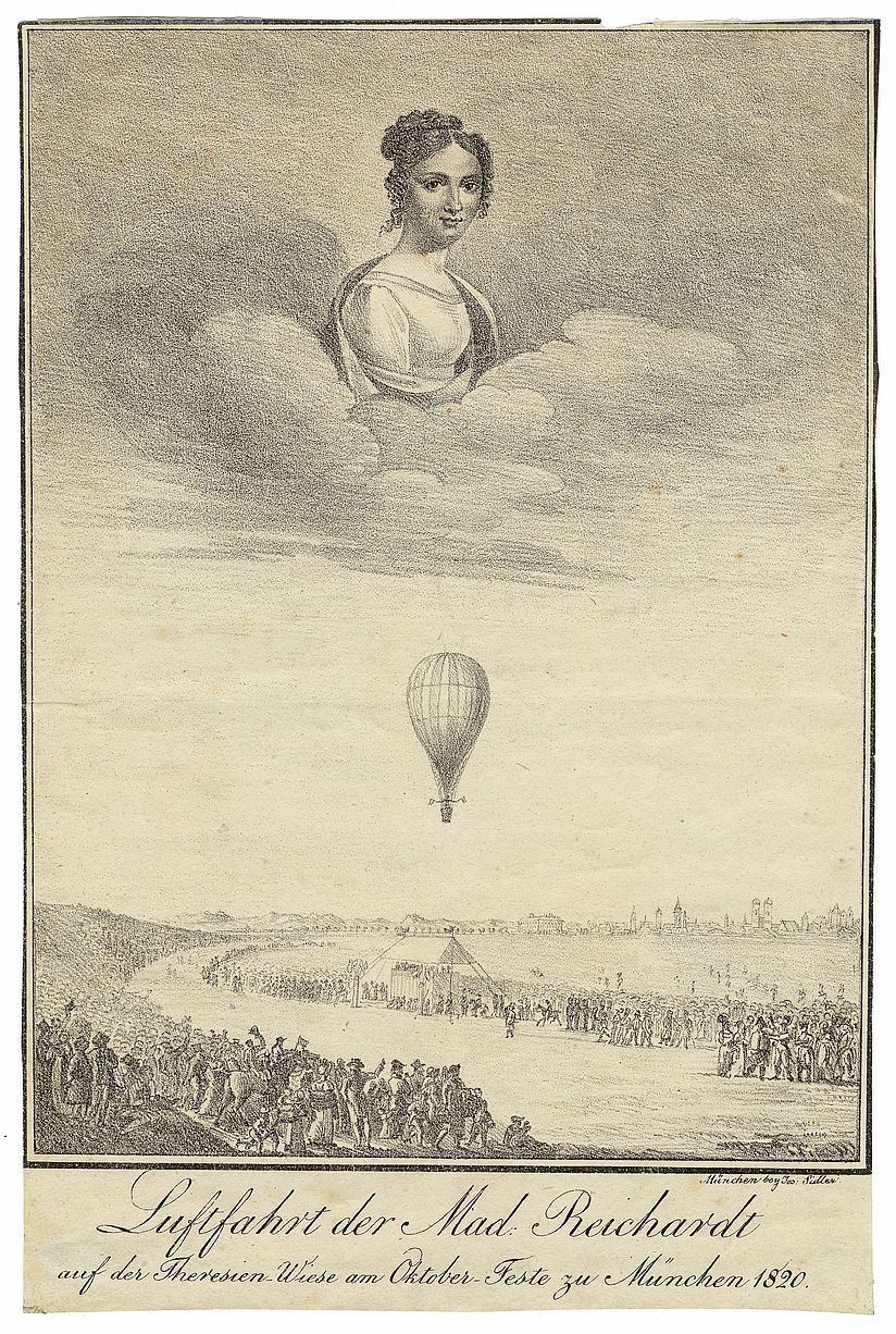 Dargestellt ist der mit Wasserstoff gefüllte Ballon, der über der Festwiese schwebt und darüber das idealisierte Porträt von Wilhelmine Reichard.