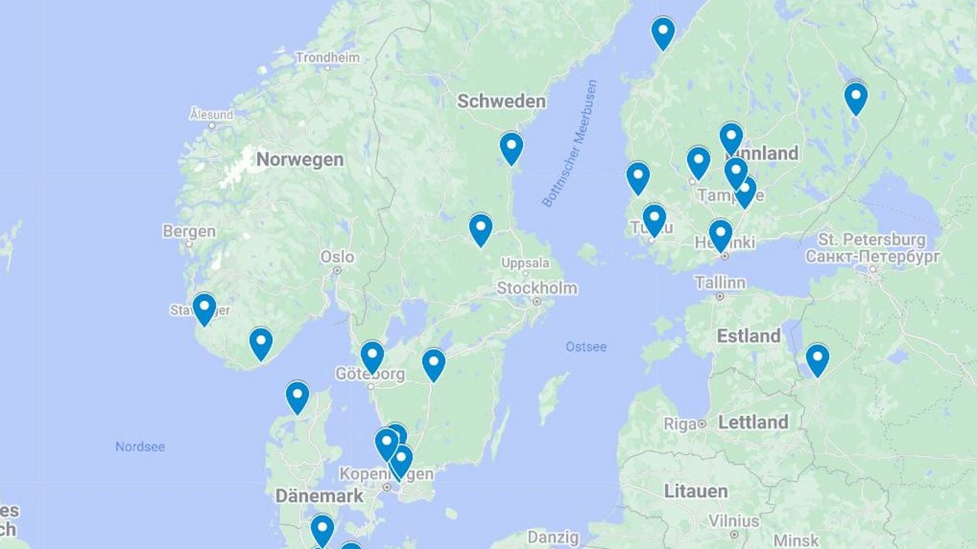 Karte von Google MyMaps mit bestätigten Empfangsorten von Radio Eule.