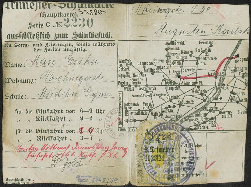 Die Straßenbahn-Schulkarte von Erika Mann aus dem 3. Trimester 1923/1924.