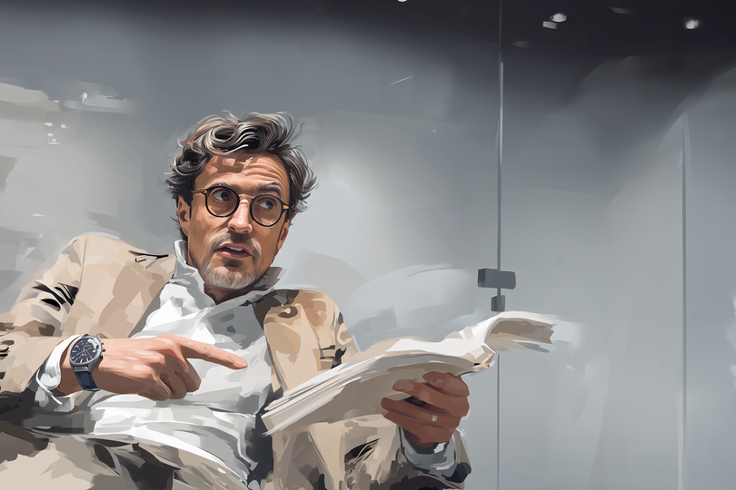 Ein stilisiertes Porträt eines sitzenden Mannes in beigem Sakko und weißem Hemd, der mit der linken Hand ein aufgeschlagenes Buch hält und mit der rechten Hand darauf zeigt; das Gesicht ist unscharf/quadratisch verpixelt, im Hintergrund ein moderner, heller Raum mit Glaswänden und Hängelampe.