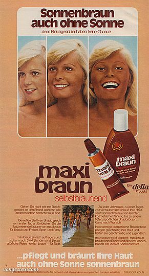 Werbeplakat für Maxi Braun, selbstbräunende Creme.