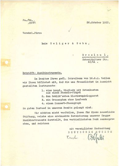 Brief: Deutsches Museum an Louis Seliger & Sohn 26.10.1933 (Deutsches Museum, Archiv, VA 1770/3).