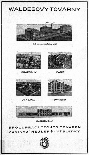Bildtafel: Die Niederlassungen der Firma Waldes. Almanach des Bezirks Prag 13 von 1934 (Almanach okresu Praha 13).
