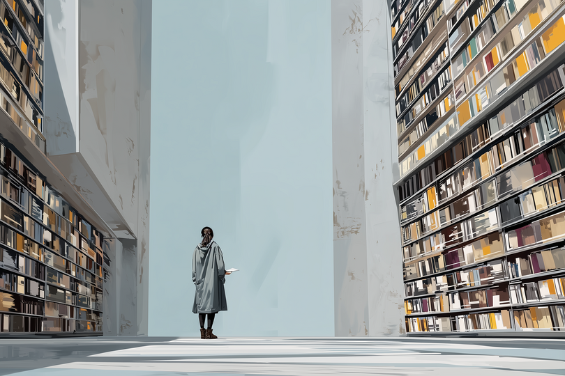 Eine alleinstehende Person in grauem Mantel steht in einem hellen, hoch aufragenden Bibliotheksraum zwischen zwei riesigen Bücherregalen und hält ein offenes Buch.