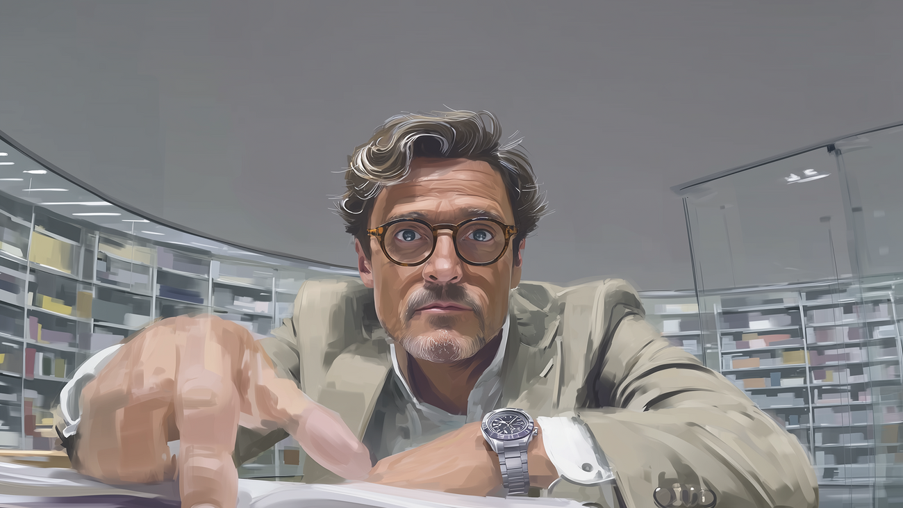 Ein Mann in beiger Jacke und weißem Hemd sitzt an einem Tisch in einer modernen Bibliothek und beugt sich nach vorn, seine linke Hand liegt auf einem aufgeschlagenen Buch, rechte Hand zeigt darauf; das Gesicht ist verpixelt, er trägt eine silberne Armbanduhr, im Hintergrund runde Regale mit bunten Büchern und Glaswände.
