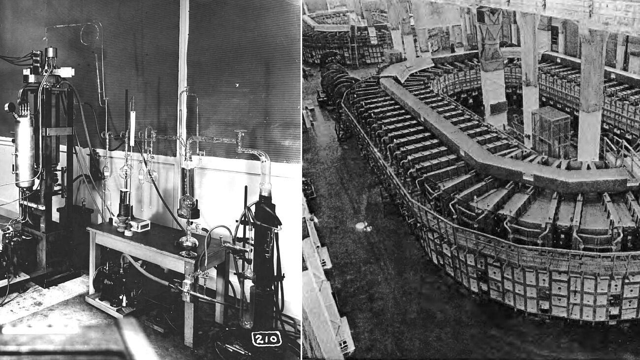 Zwei schwarzweiß Fotografien nebeneinander. Links: Apparatur mit verschiedenen Röhren in Laborzimmer; rechts: große Apparatur, elipsenförmig mit Treppenzugang in einer Halle.