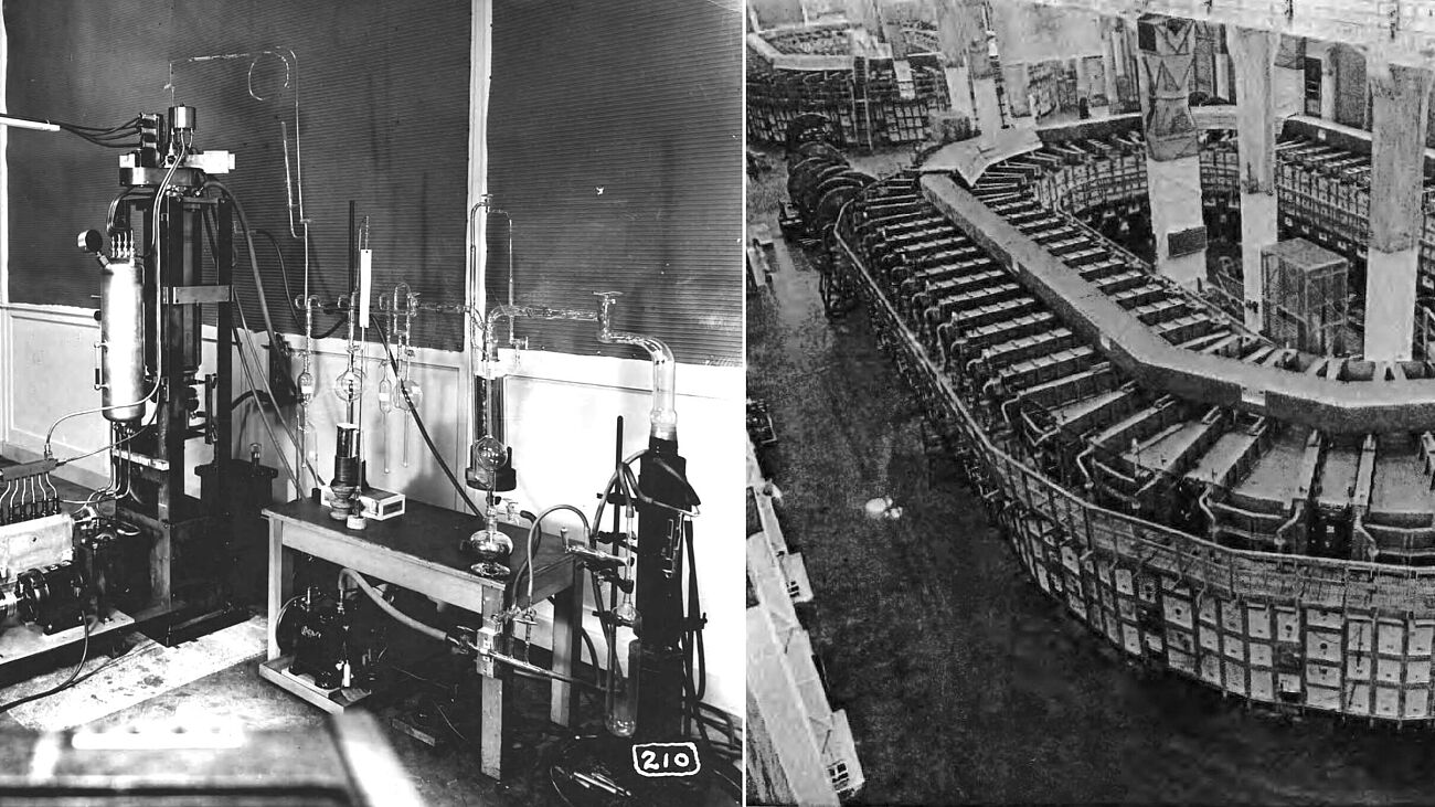 Zwei schwarzweiß Fotografien nebeneinander. Links: Apparatur mit verschiedenen Röhren in Laborzimmer; rechts: große Apparatur, elipsenförmig mit Treppenzugang in einer Halle.