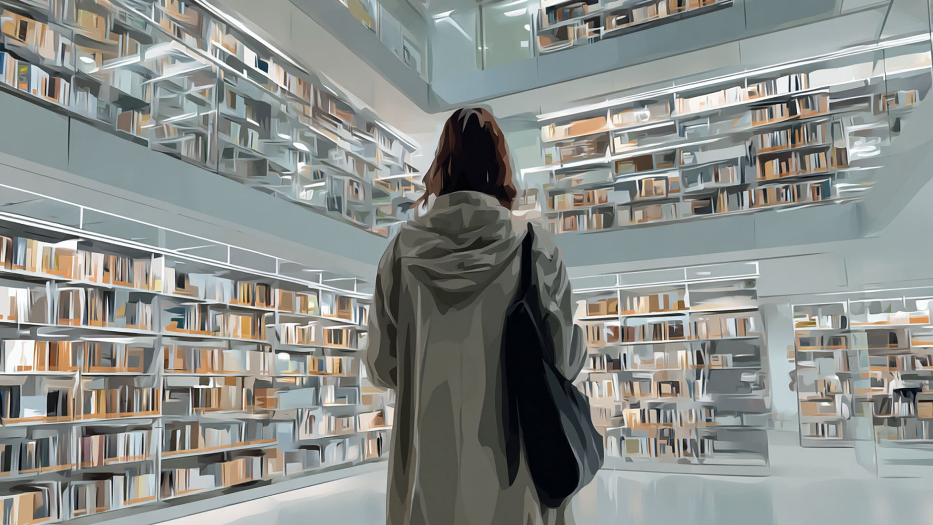 Eine Person in einem hellen Mantel mit Schultertasche steht im Vordergrund und blickt in eine moderne, mehrstöckige Bibliothek mit weißen Regalen, Glasbrüstungen und hunderten Büchern auf mehreren Ebenen.