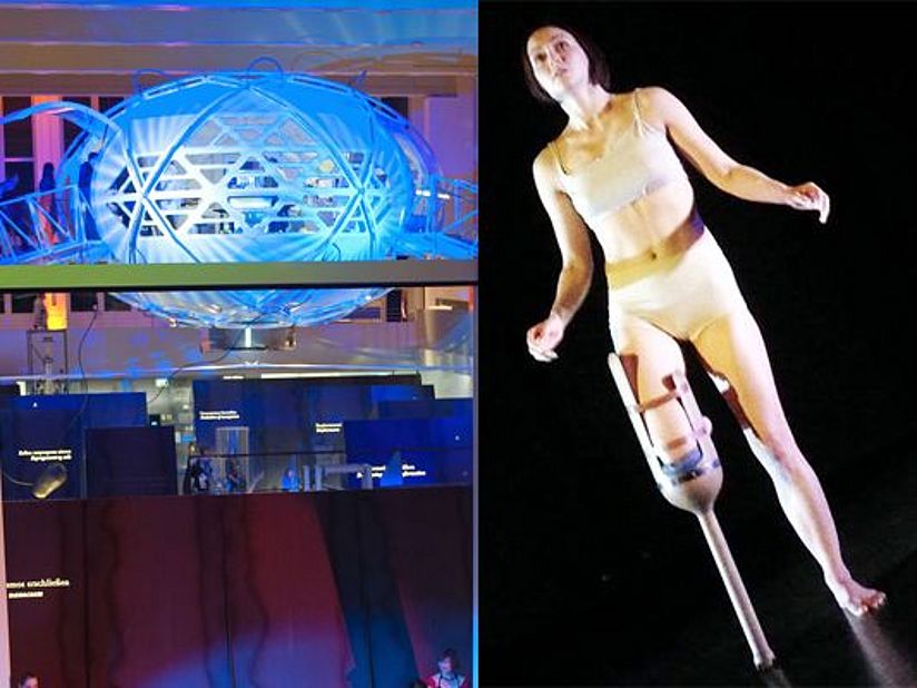 Kollage zeigt das Zentrum Neue Technologien und rechts Natalia Palshina mit dem Nachbau einer Prothese aus dem 16. Jh.