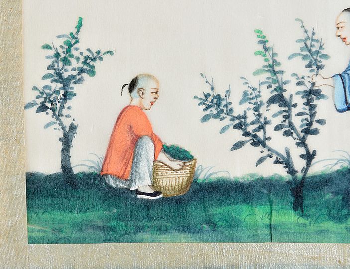 Detail der Malerei zeigt einen Mann in der Hocke, mit einem Korb.