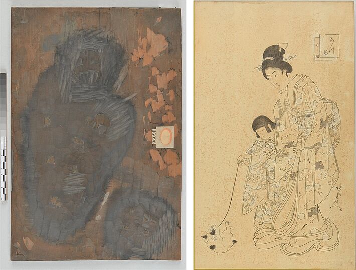 Foto: Herstellungsreihe eines japanischen Farbholzschnitts von Yoshu/Toyohara Chikanobu: Frau und Kind spielen mit einem Kätzchen, 1896: Farbdruckplatte 2/7 (Rückseite) mit Abdruck 4/24. Deutsches Museum, Inventar-Nrn. 36095/36096.