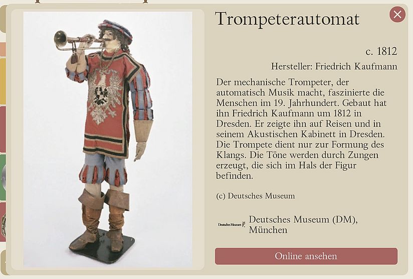 Informationen zum Trompetenautomat. Links ein Bild des Automaten, rechts eine kurze Beschreibung und Link in das Deutsche Musuem Digital.